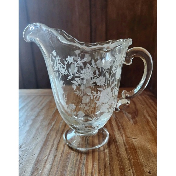 Fostoria Floral Etched Glass Pitcher 16 ounce Vase Cream Milk Juice Gravy - Picture 1 of 12